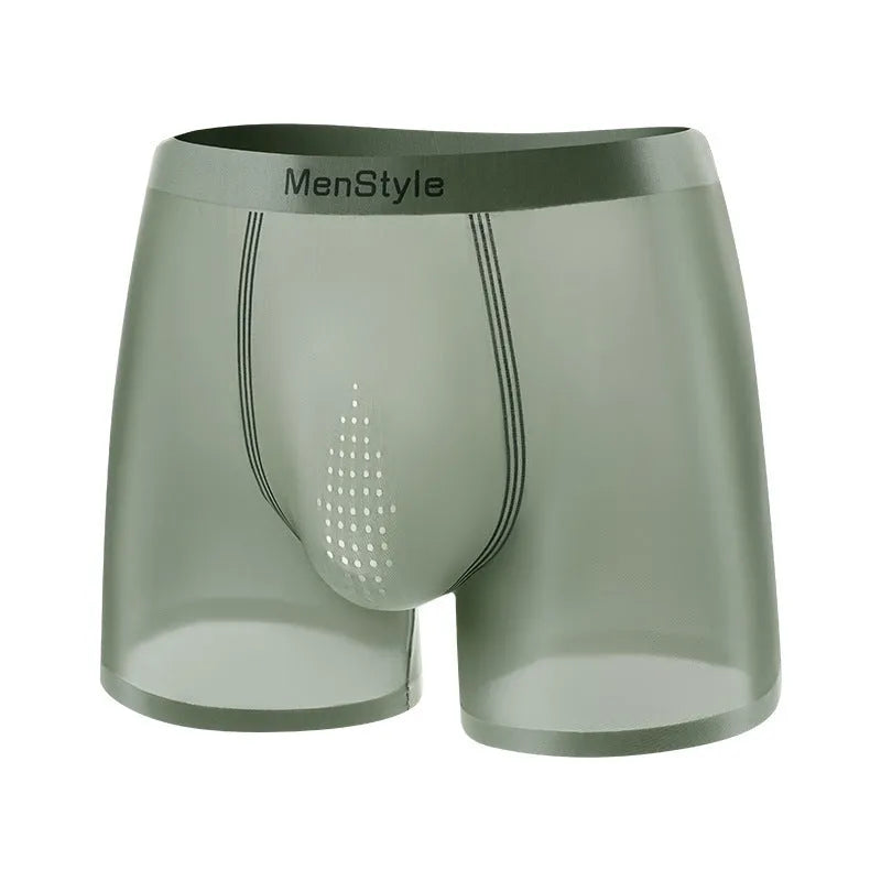 Men's seamless nylon boxer shorts showing single-layer construction and mid waist design