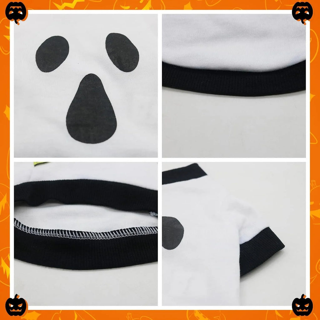 Small dog wearing an orange Halloween skeleton print sweatshirt with ribbed cuffs.
