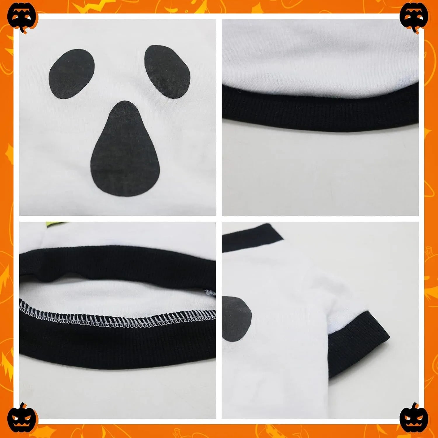 Small dog wearing an orange Halloween skeleton print sweatshirt with ribbed cuffs.