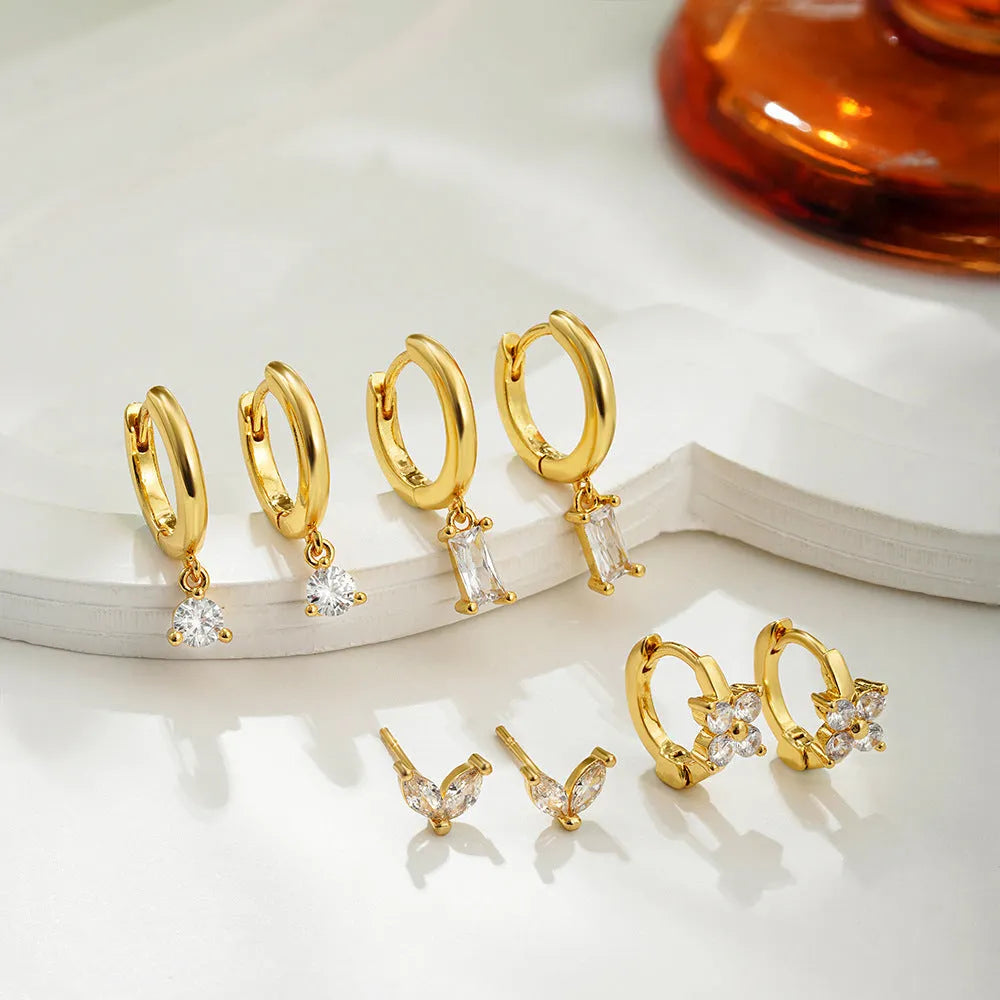 Copper geometric square earrings with zircon detailing in gold or silver finish