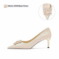 Women's crystal bridal high heels with rhinestone detail, pointed toe, and choice of stiletto or cat heel in 5cm or 8cm heights.