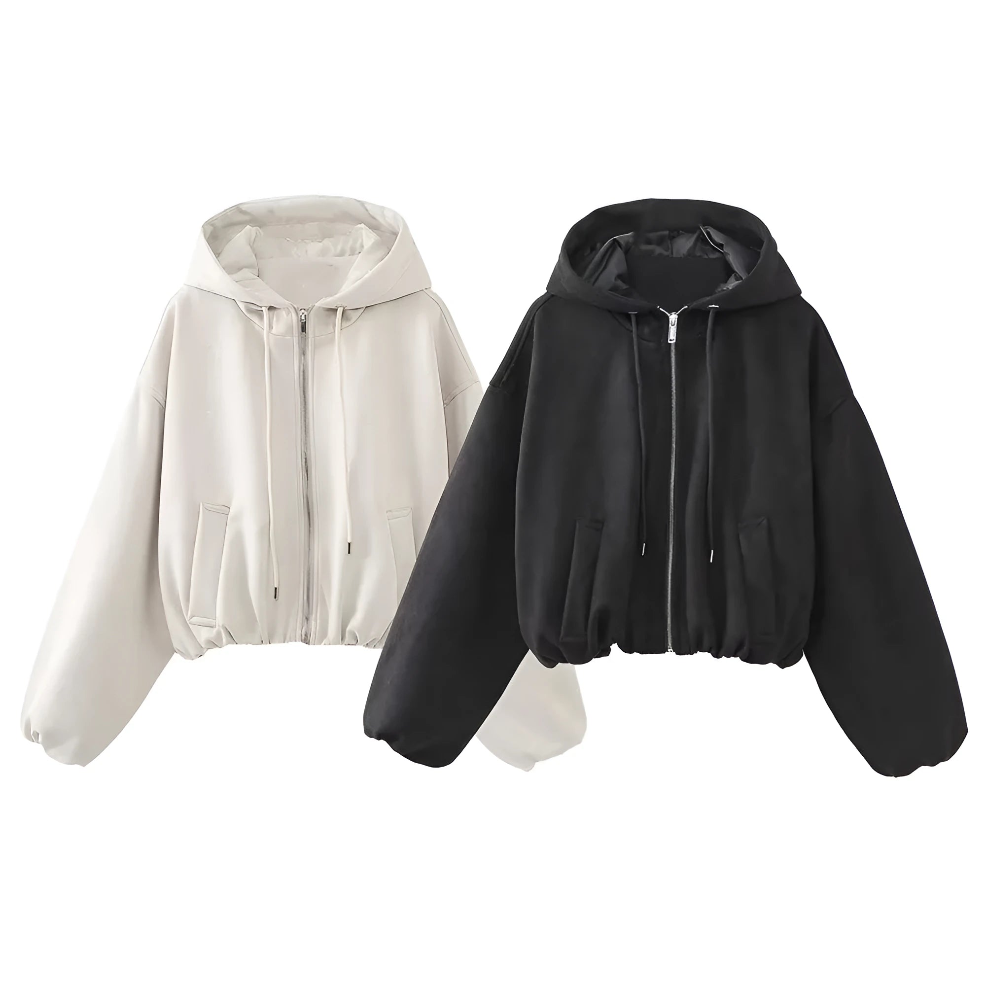 Women's suede hooded jacket in white and black colours showing casual styling