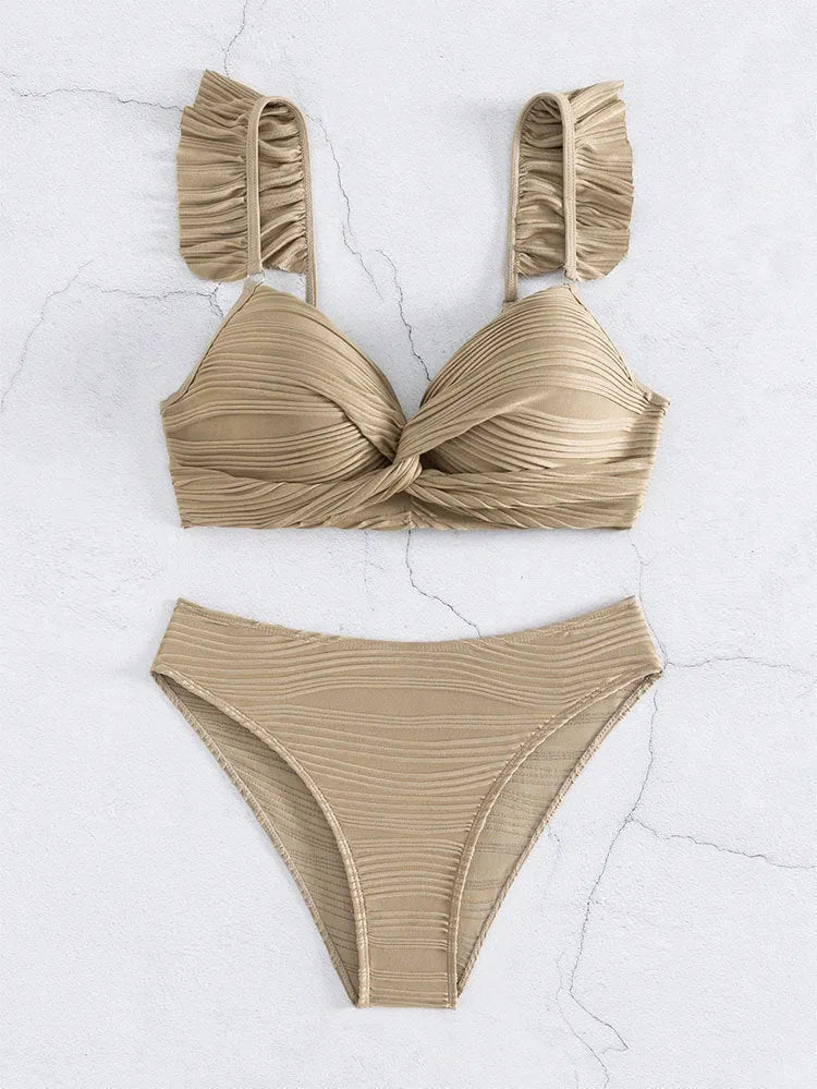 Solid colour women's bikini swimsuit set in black or khaki, made from polyester fabric.
