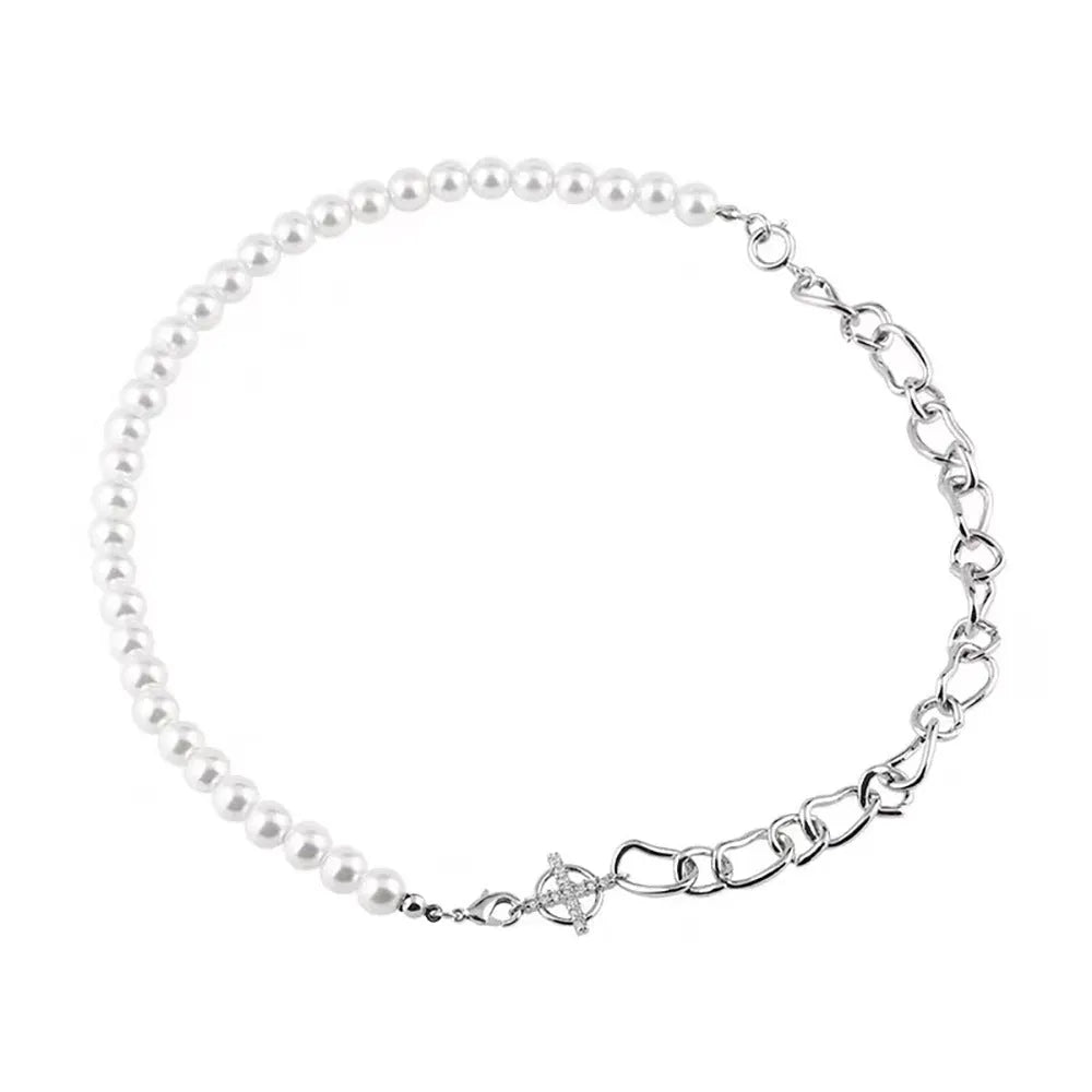White geometric asymmetric clavicle chain necklace with twisted silver-tone chain and minority design elements