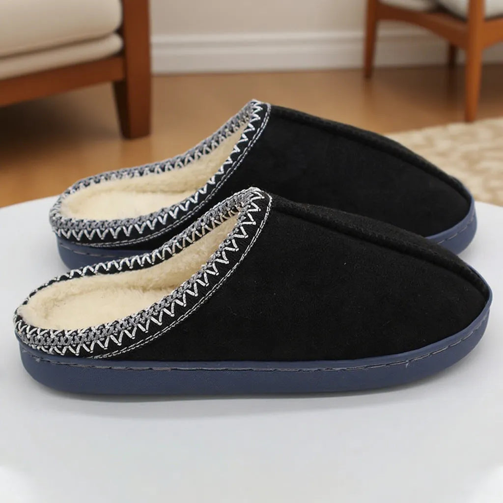 Pair of winter indoor slippers with thick 3cm PVC sole and warm artificial velboa lining, shown in black, coffee, gray and pink.
