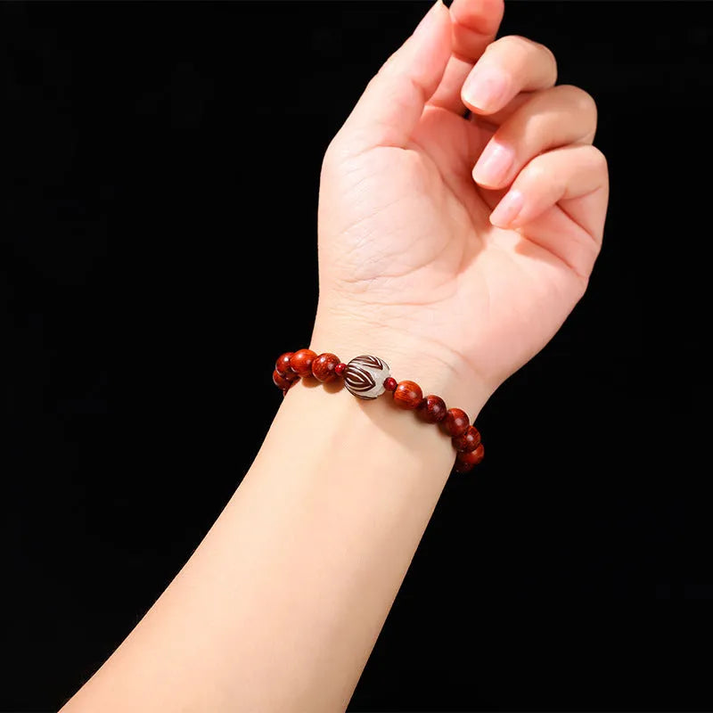 Red rosewood and gray jade Bodhi lotus bracelet with 12mm beads and Chinese style design