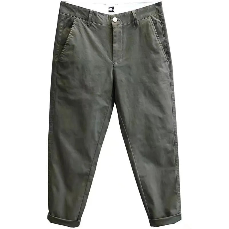 Men's cropped pure cotton casual pants in khaki, mid waist with zipper fly, size S to 3XL