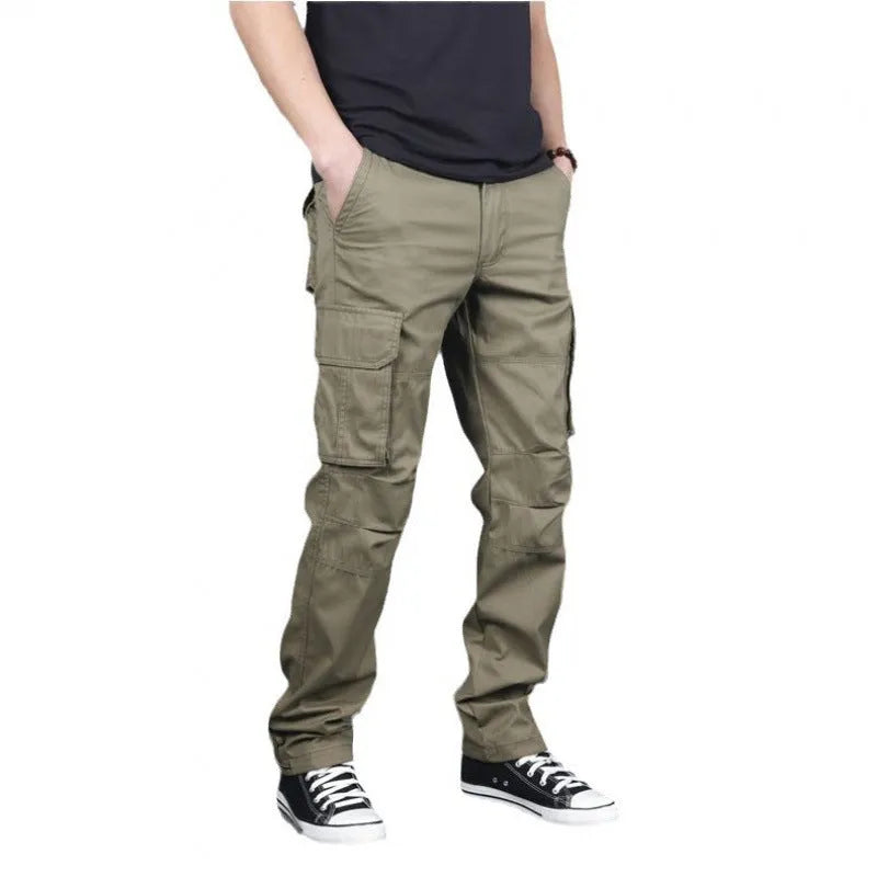 Men's multi-pocket 100% cotton cargo pants in khaki, front view, with zip fly and cargo pockets on legs