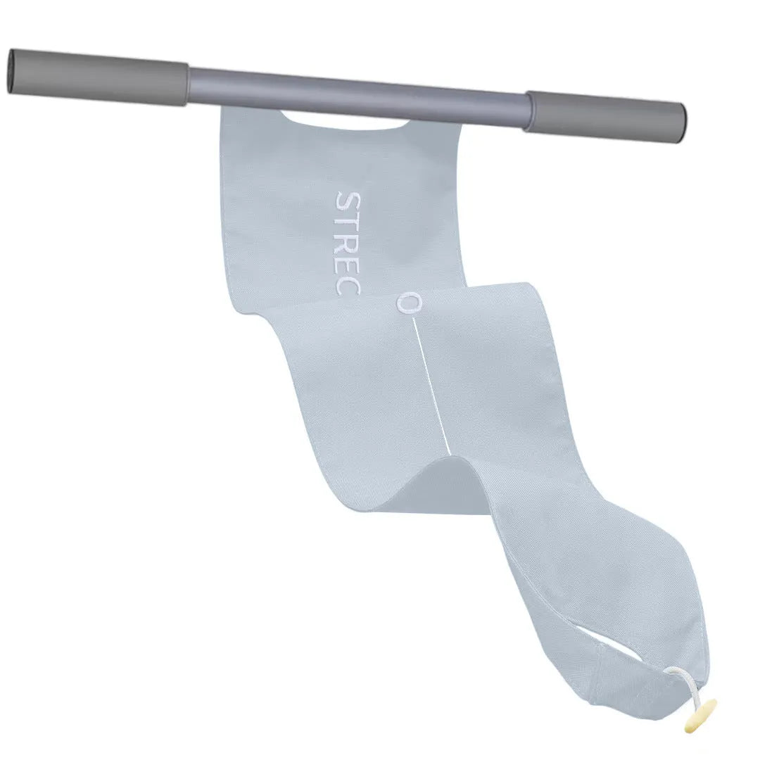 Grey and pink yoga multi-function stretching tool for shoulders, back, and hips.