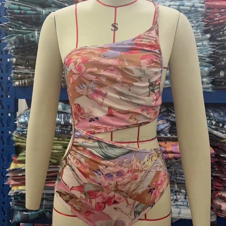 Women's rose gold printed swimsuit in polyester fabric for summer beach and pool use