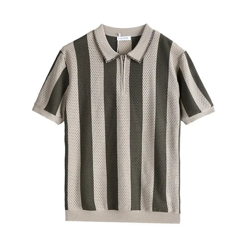 Man modelling a black and white striped short sleeve ice silk sweater with a silver zip detail on the front.