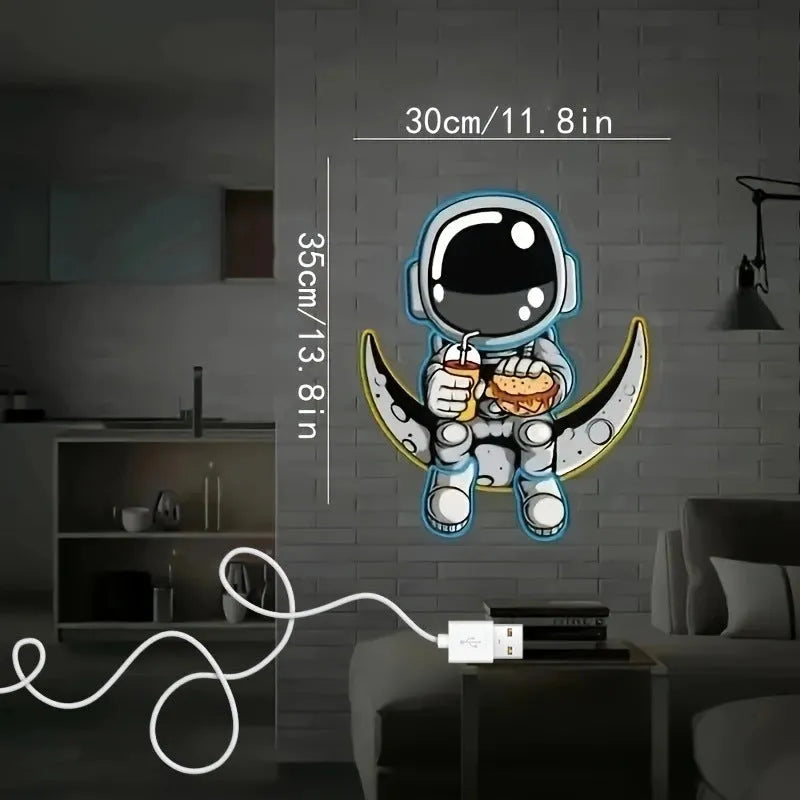 Wall mounted astronaut neon light with moon design measuring 30cm by 35cm