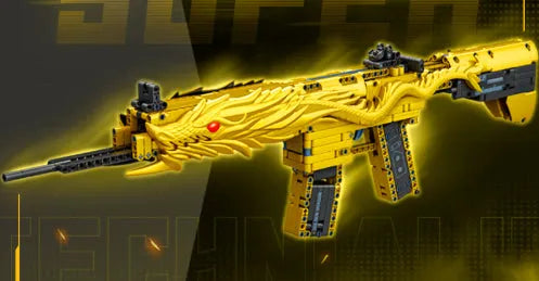 Golden Sand Eagle Gun M416 rifle model built from small particle plastic building blocks, colour box packaging