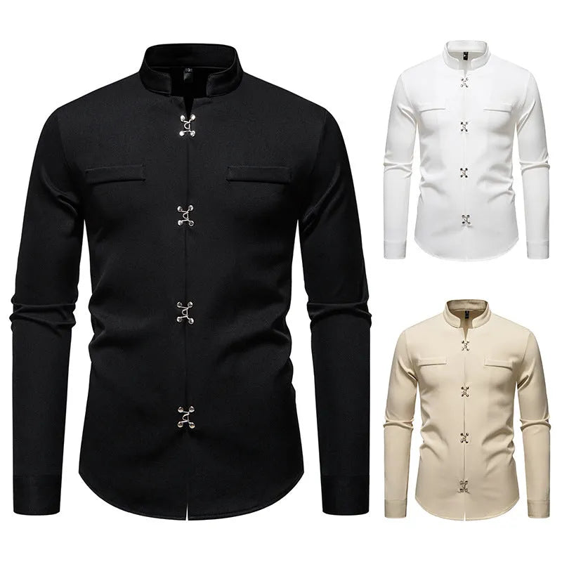 Men's long-sleeved polyester slim-fit cardigan-style casual shirt in white, black, and khaki, sizes S to 2XL