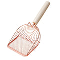 Stainless steel cat litter scoop with wooden handle showing screened design for efficient waste removal