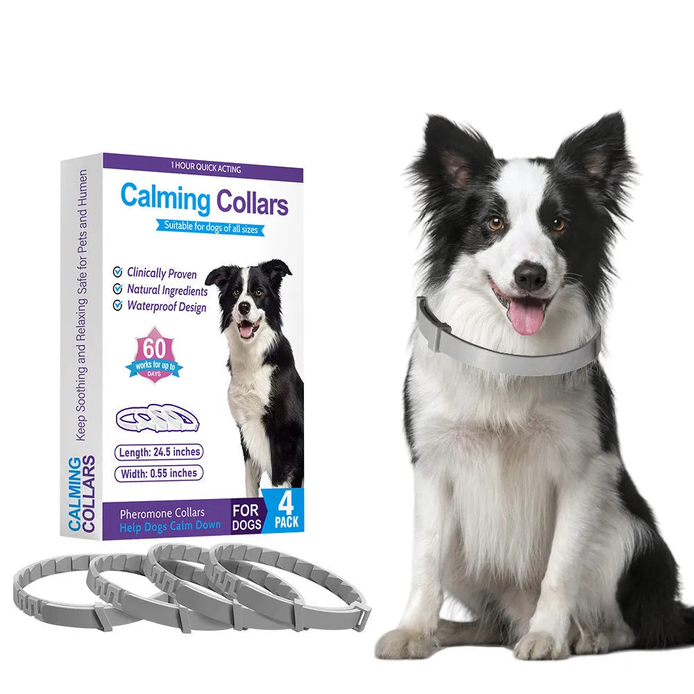 Pack of four soft TPR dog anxiety relief collars in various colours, showing the monochrome Chinese style pattern.