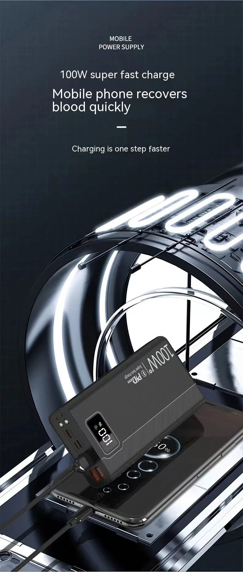 Black and white large capacity power bank showing front view with dimensions 150mm by 76mm