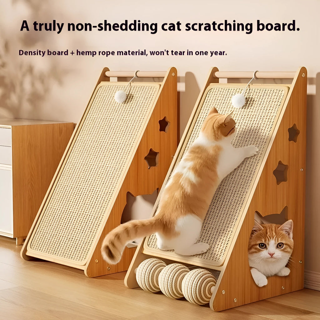 Vertical cat scratch board with funny ball style, made from sisal and hemp rope on a density plate.