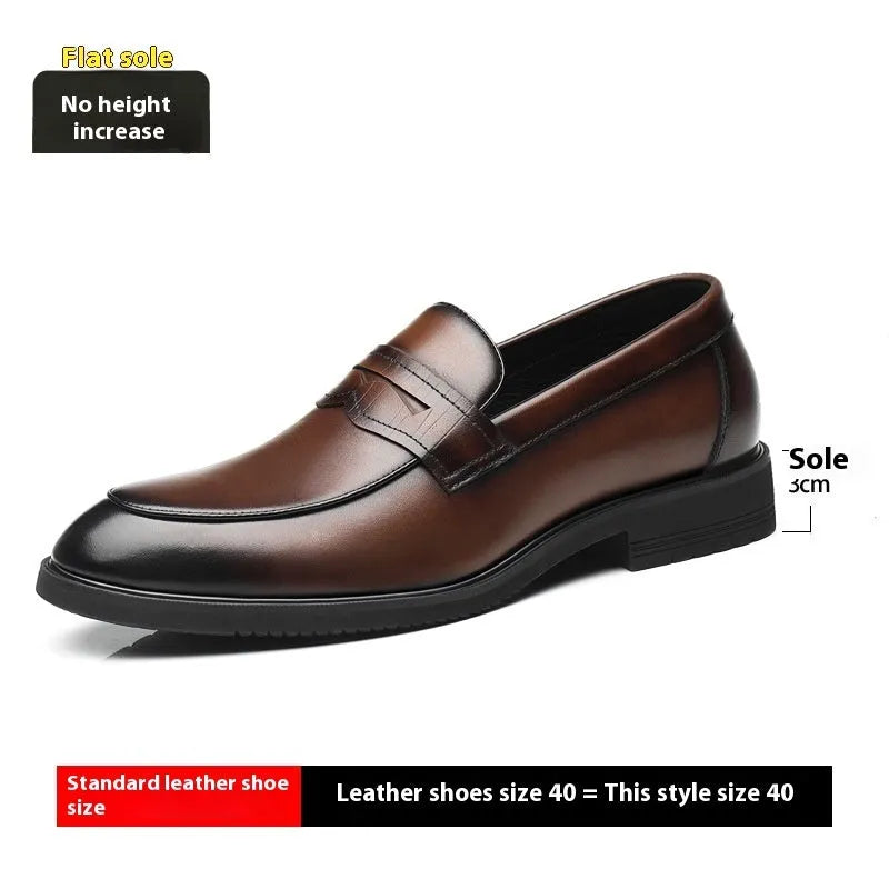 Men's slip-on invisible height-increasing cowhide leather loafers in black with sewing thread detailing and low heel