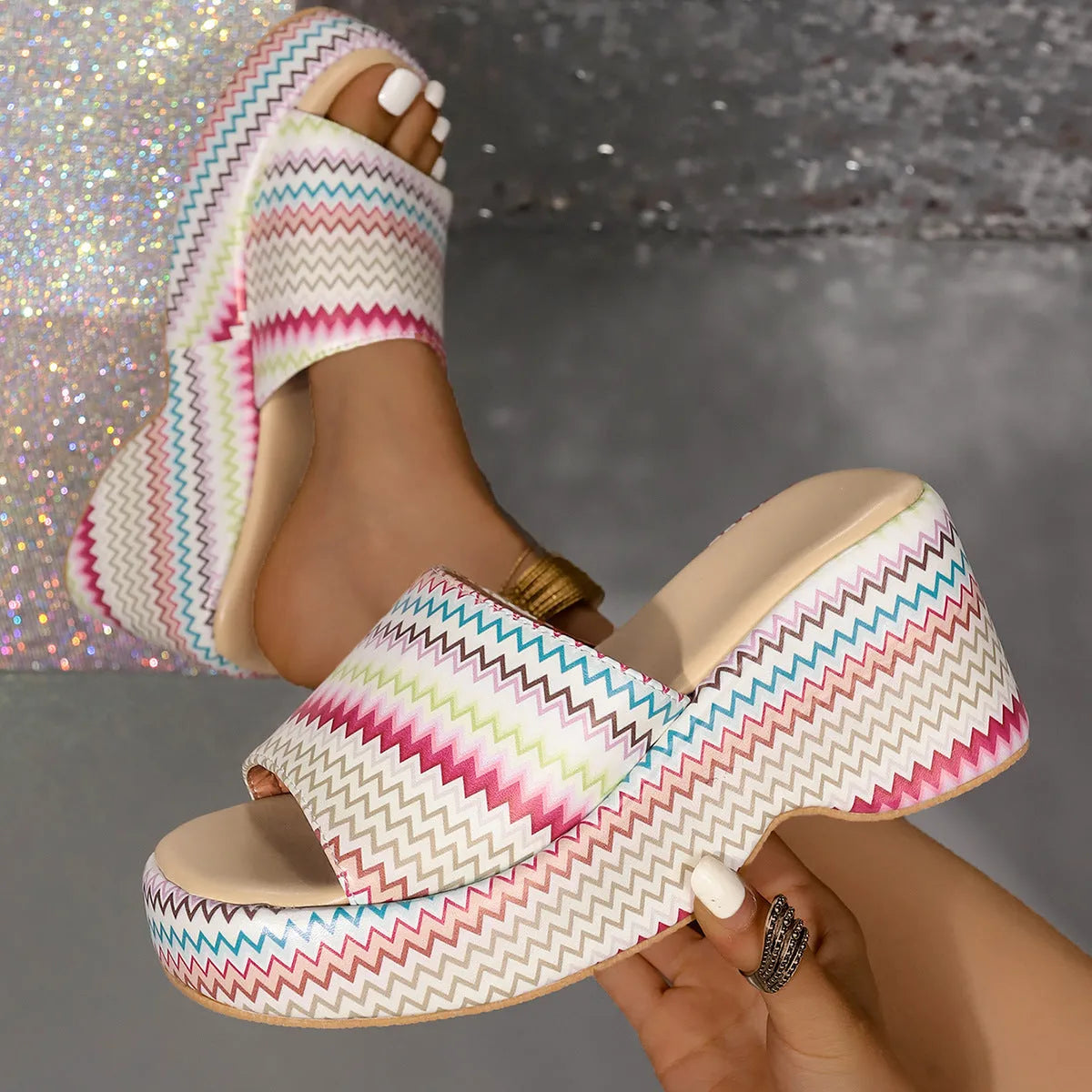 Women's colourful wave print wedge sandals with fish mouth toe and thick rubber soles