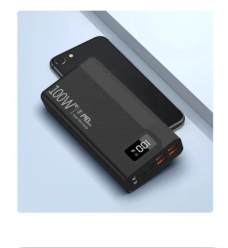 Black and white large capacity power bank showing front view with dimensions 150mm by 76mm