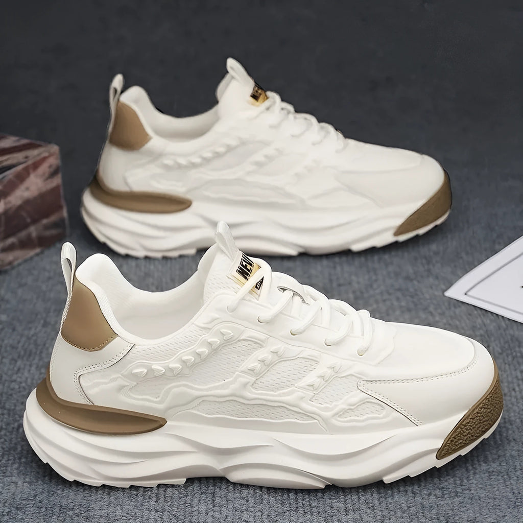 Men's white and black breathable mesh shoes with round toe and PU mesh upper construction