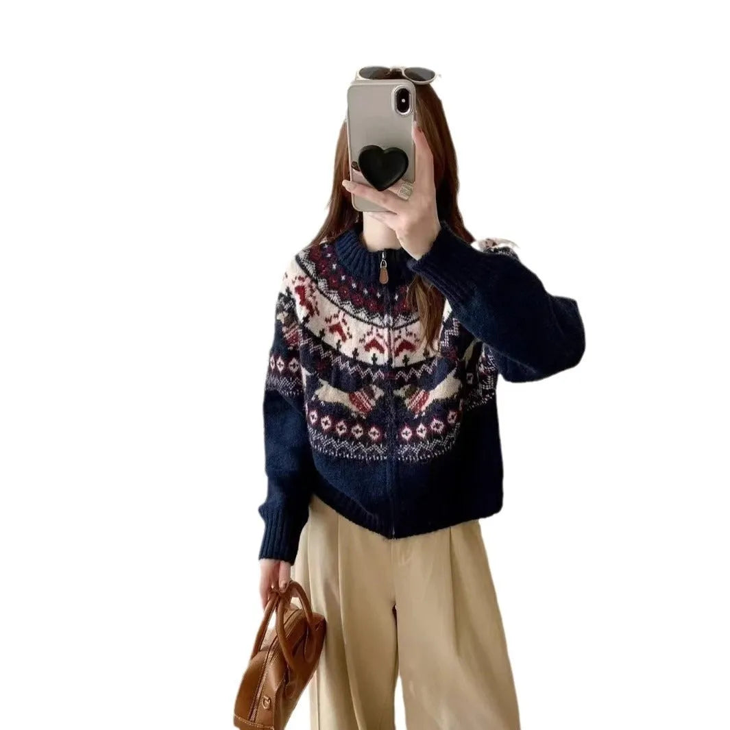 Ethnic style beige apricot pullover sweater with a 3D jacquard pattern and round neck.