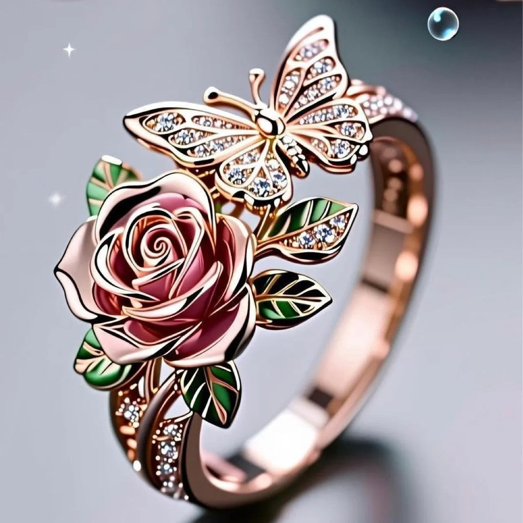 Adjustable oil-drop effect butterfly personality ring in fairy style with floral insect leaf motifs