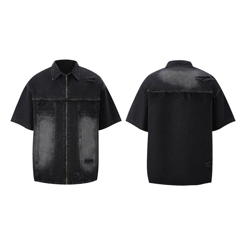 Men's loose denim overall suit two-piece set in black, shown on a model.