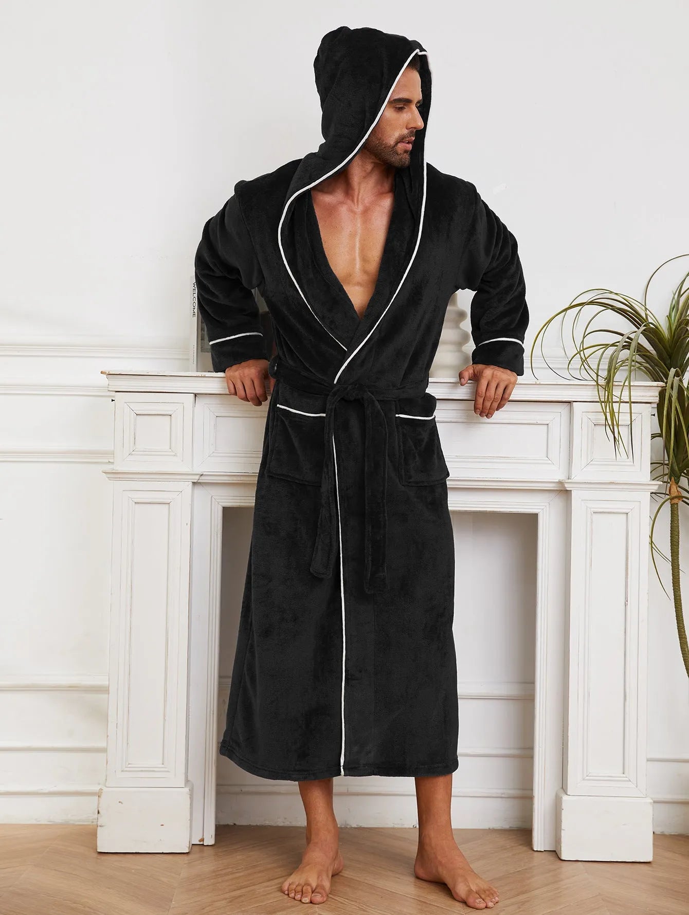 Men's grey flannel bathrobe set on hanger showing European/American style cut