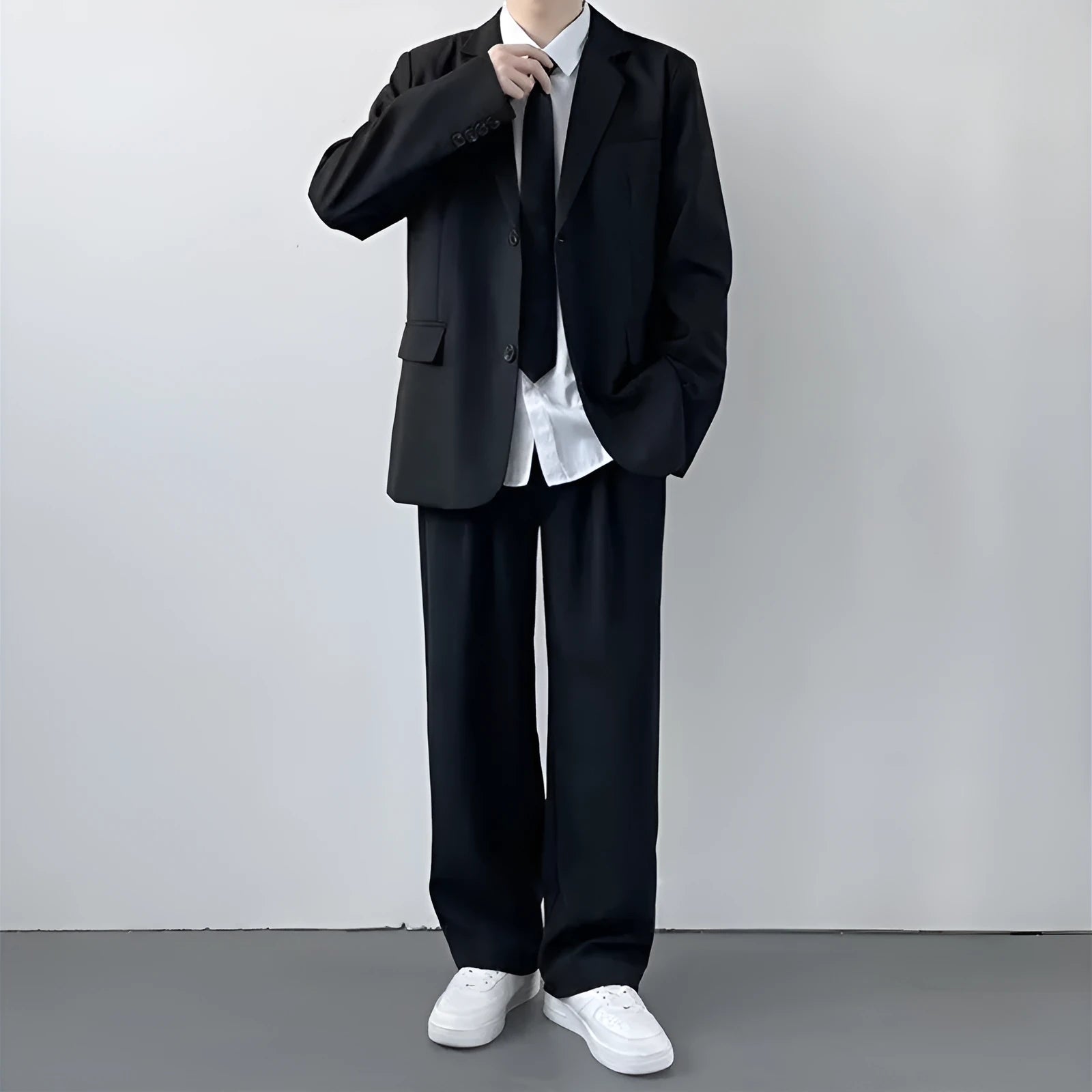 Plus size men's college style suit set with jacket, trousers, white shirt and tie