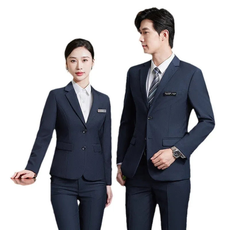 Men's and women's work suit with long sleeve polyester jacket and matching trousers or skirt in black