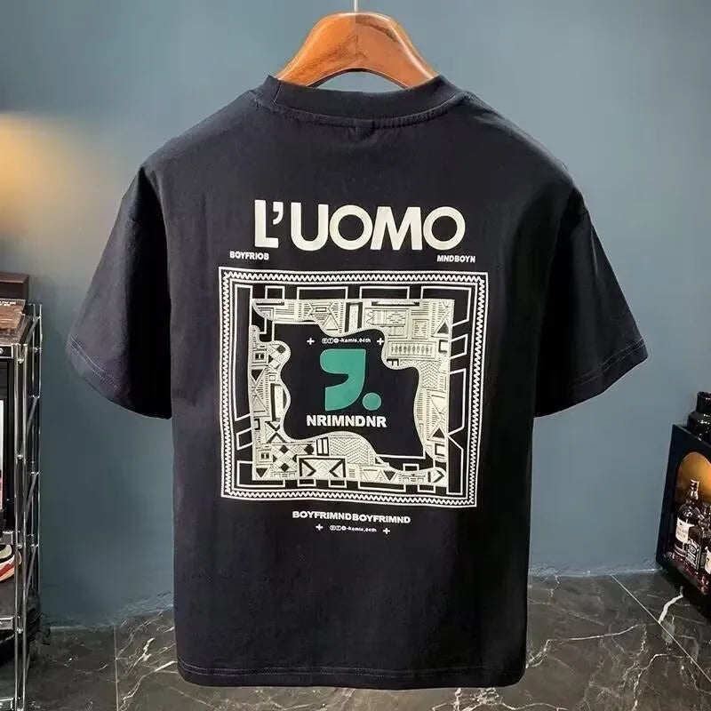 Men's milk silk loose half sleeve t-shirt with bold letter print in black, front view
