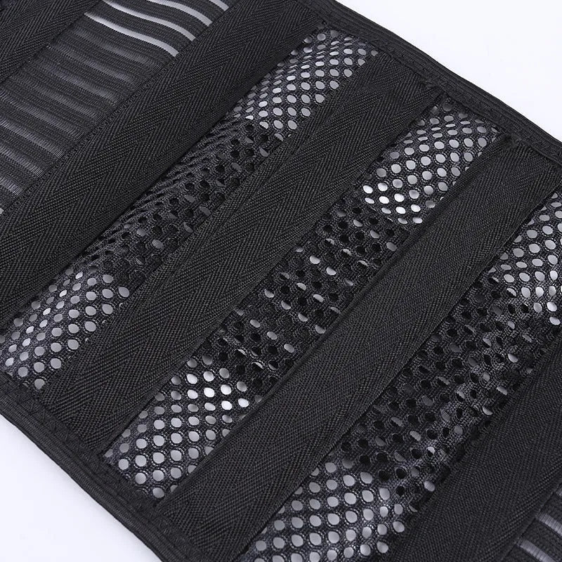 Black sports waist support belt with internal steel plate for lumbar protection, shown with size labels.