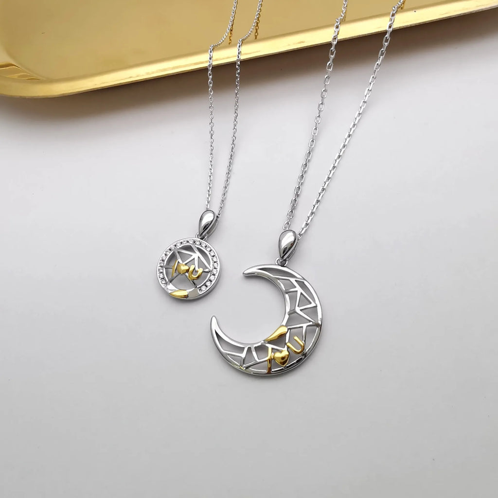 Copper sun moon couple necklace with electroplated finish and cross chain design