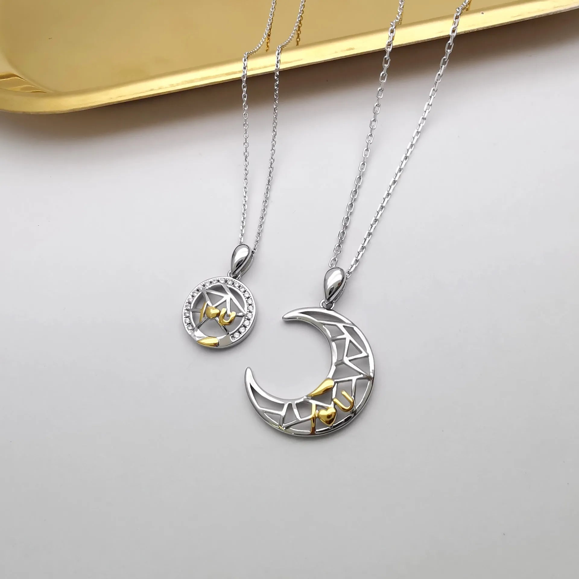 Copper sun moon couple necklace with electroplated finish and cross chain design