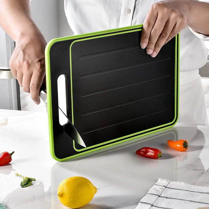 Grey square aluminium cutting board with double-sided design showing cutting surface and grinding teeth