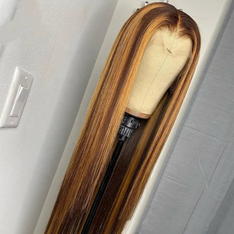 Piano colour real human hair T-shaped headgear with long hair strands on a plain background