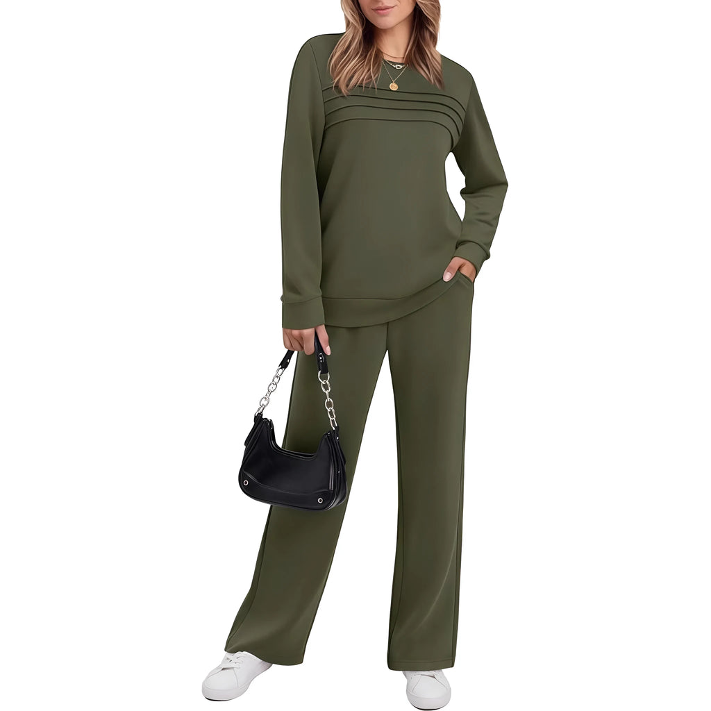 Casual women's long sleeve drawstring solid colour commute suit set in solid colour, polyester fabric, five colour options.