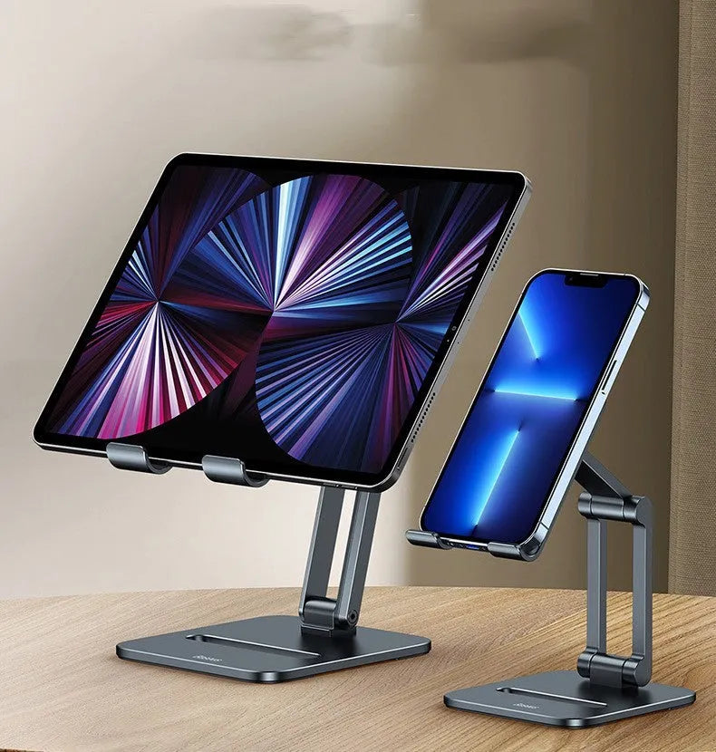 Deep space grey aluminium folding stand holding a tablet and a mobile phone.