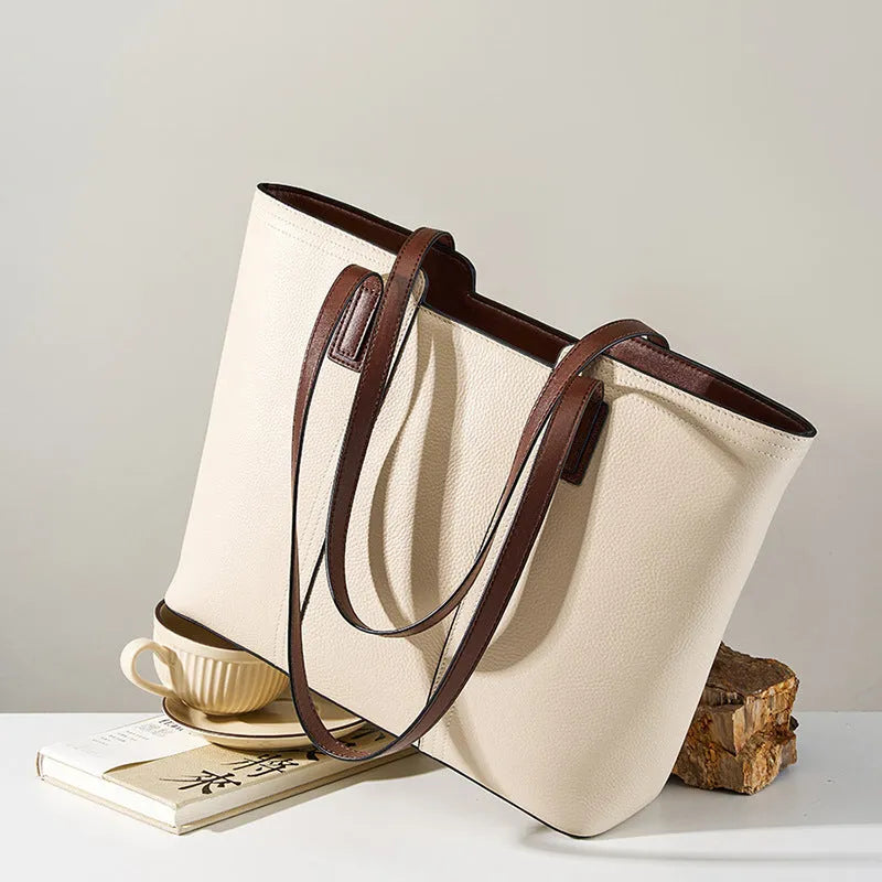 Women's genuine leather commuter shoulder bag with multiple internal compartments in horizontal square shape