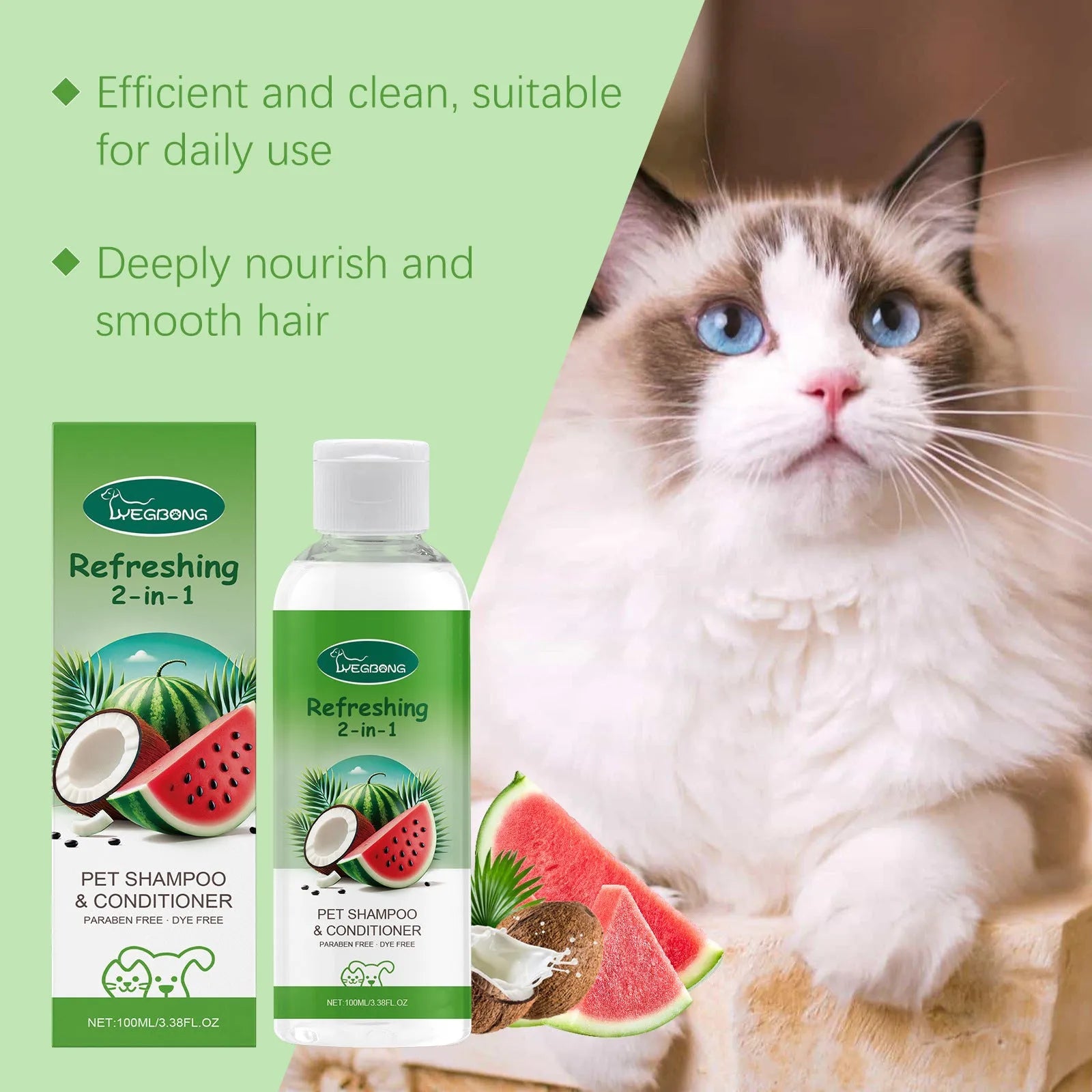 A 100ml bottle of pet 2-in-1 shampoo and conditioner gel with watermelon and coconut extract.
