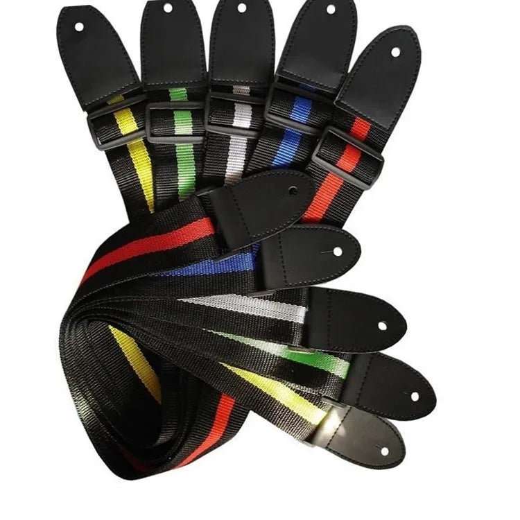Woven crossbody guitar strap in multiple colours, suitable for bass, electric, acoustic, and ukulele.