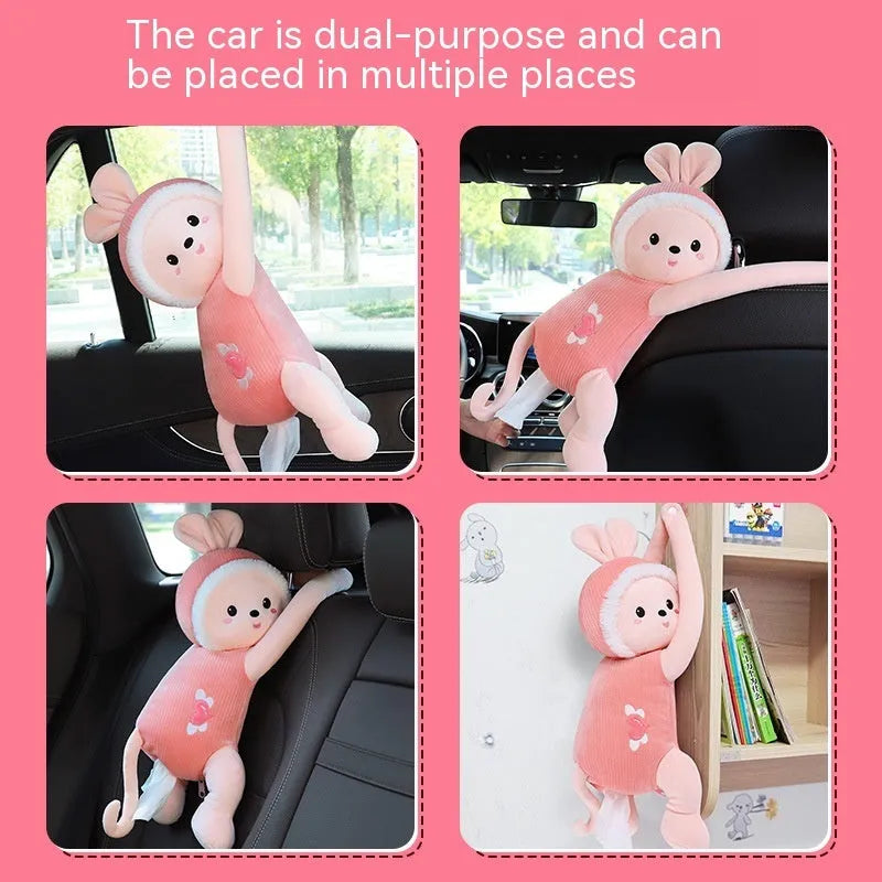 Soft plush car seat back tissue box holder in animal design, showing dimensions 34cm by 15cm.