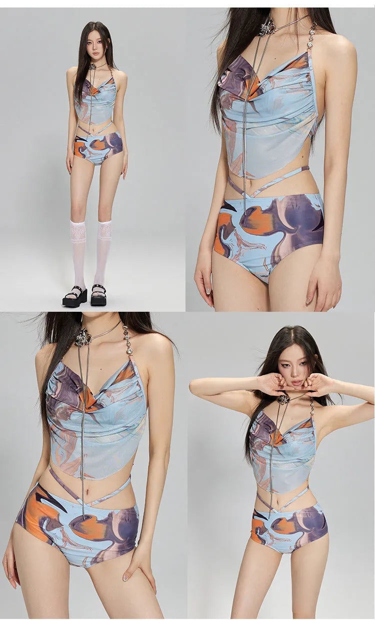 Women's blue printed triangle bikini top and skirted bottom three-piece swimsuit set with steel wire support