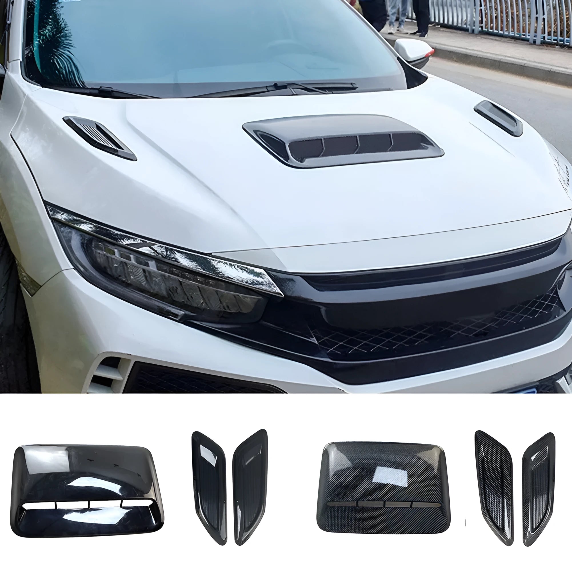 ABS plastic car air scoop shroud and engine cover set in black or carbon fibre finishes