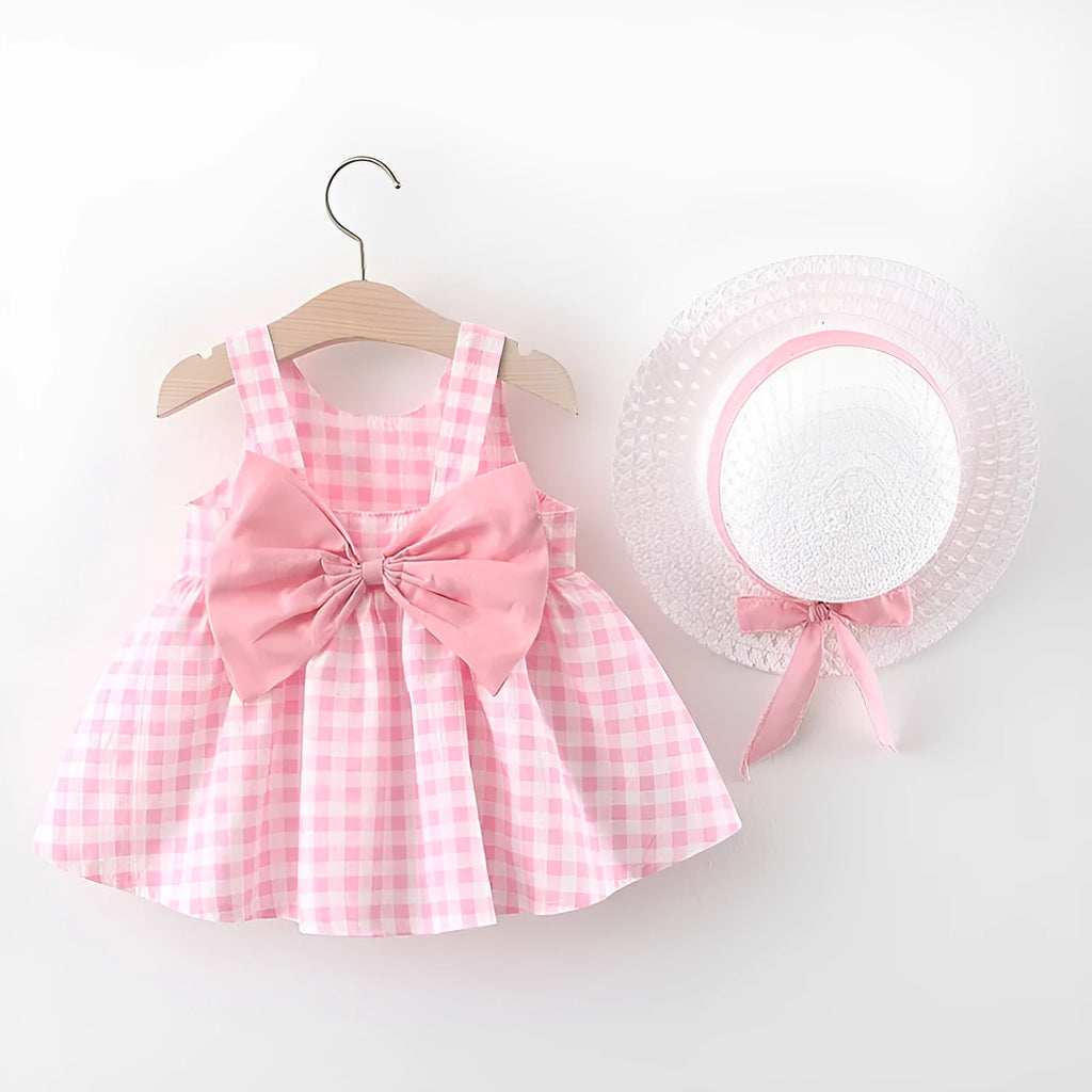 Baby girl plaid skirt in pink with free matching straw hat, 90 percent cotton