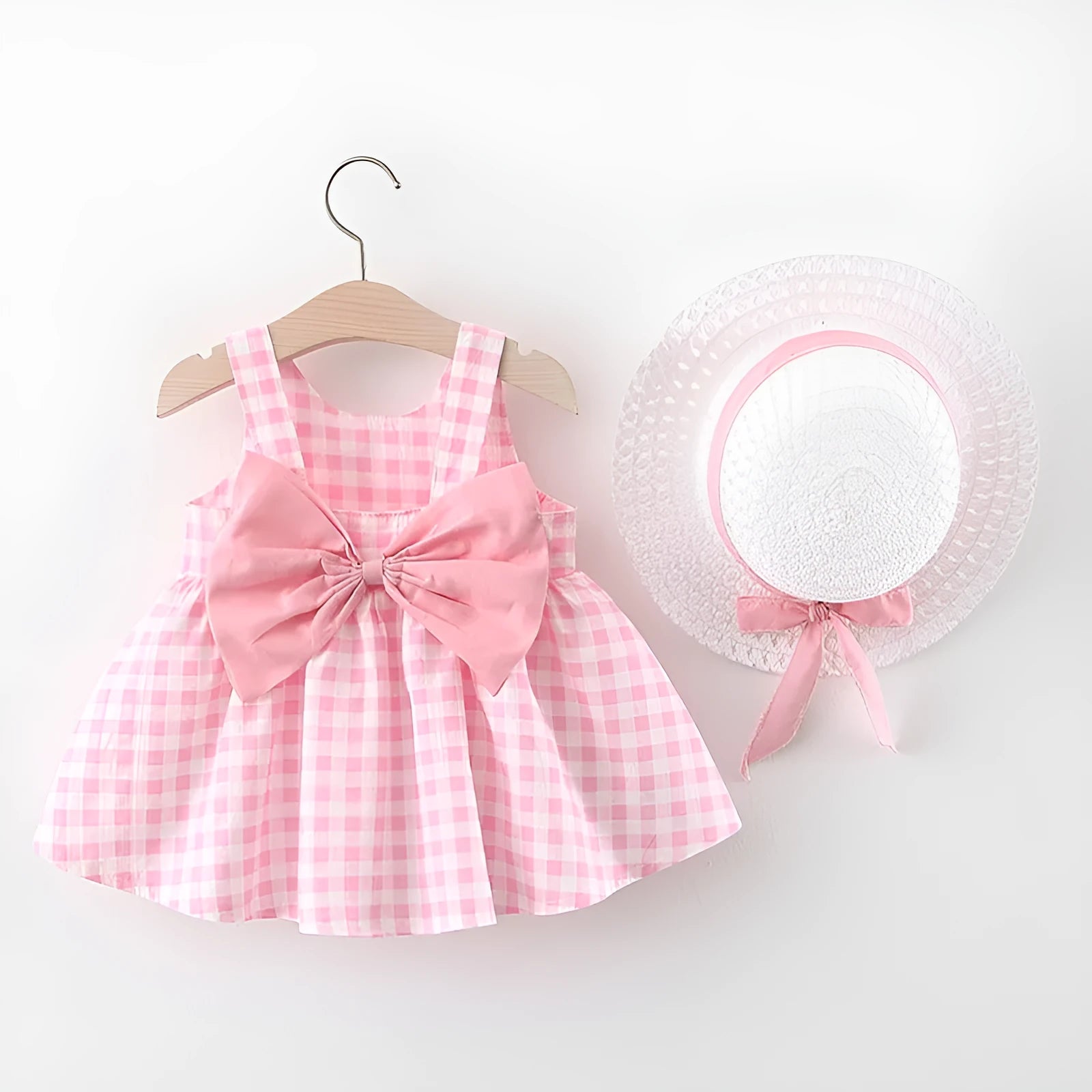 Baby girl plaid skirt in pink with free matching straw hat, 90 percent cotton