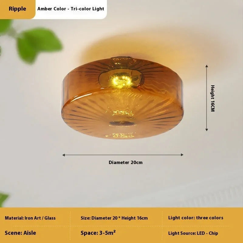 Mid-ancient French style round ceiling lamp with water pattern glass shade and iron body, 20cm diameter