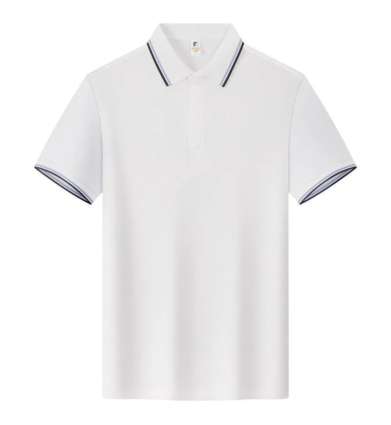 Men's short sleeve lapel T-shirt in long-staple cotton, shown in various colours on a model.